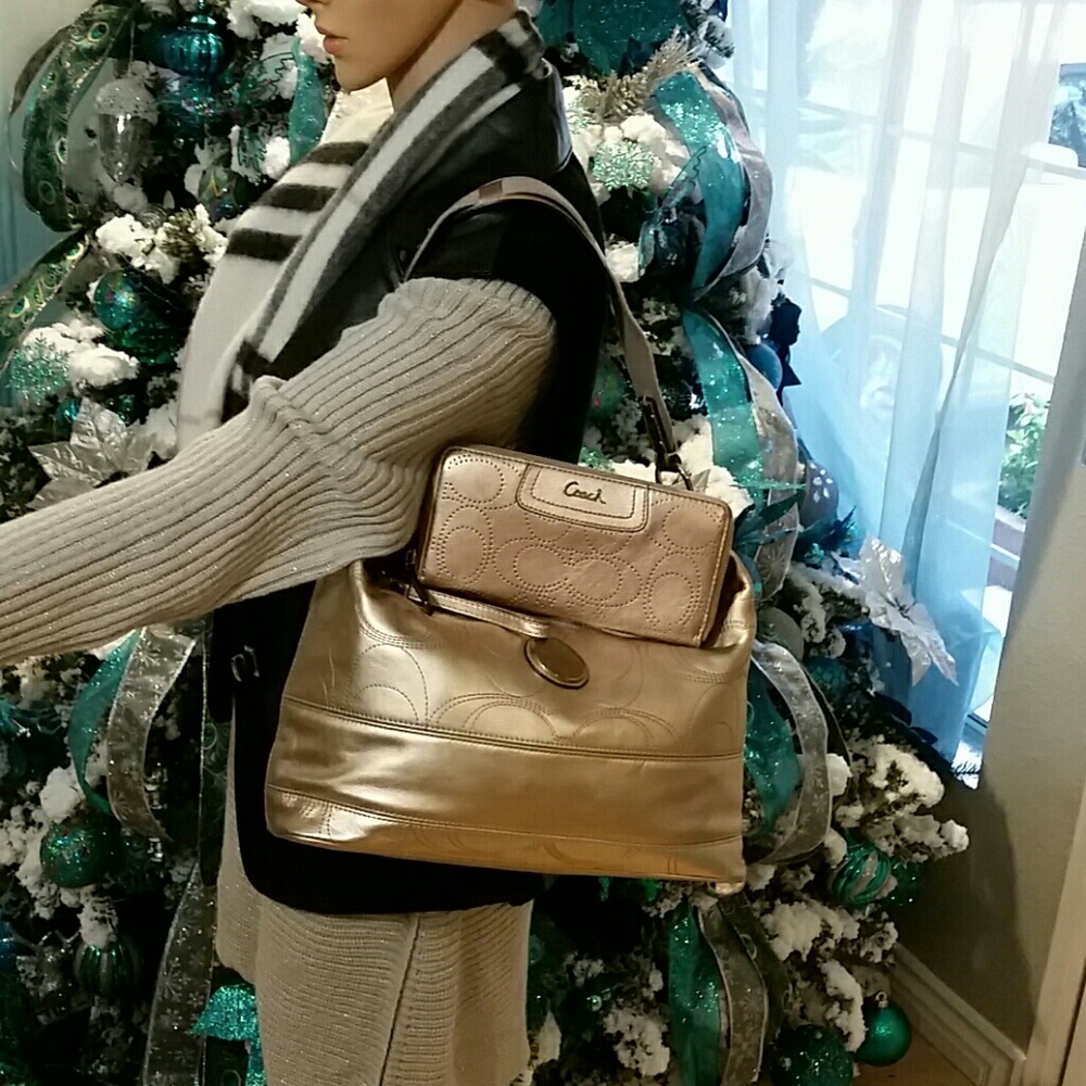 PRICE FIRM METALLIC GOLD LEATHER BAG AND WALLET